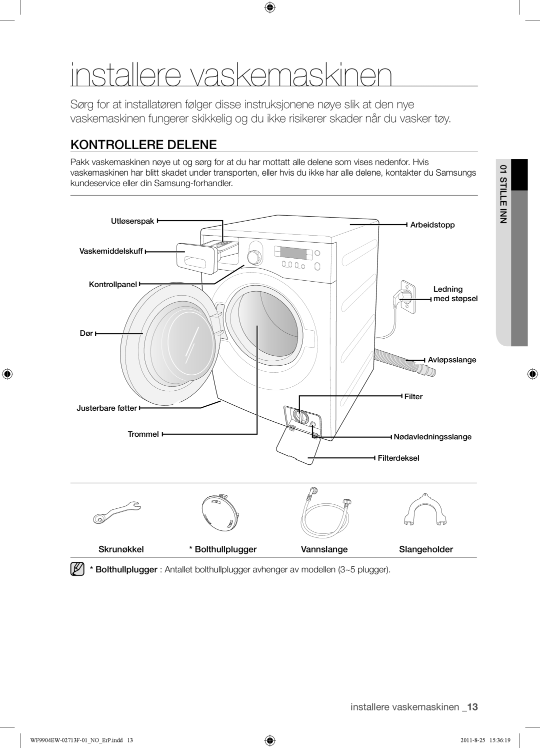 Samsung WF9904EWE/XEE manual Installere vaskemaskinen, Kontrollere Delene 