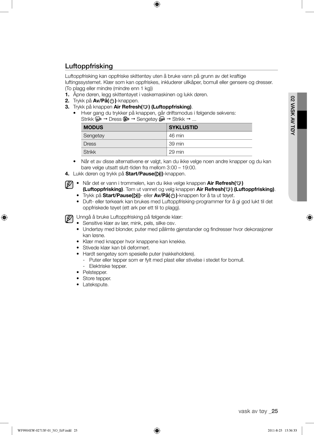 Samsung WF9904EWE/XEE manual Trykk på knappen Air Refresh Luftoppfrisking, Modus Syklustid 