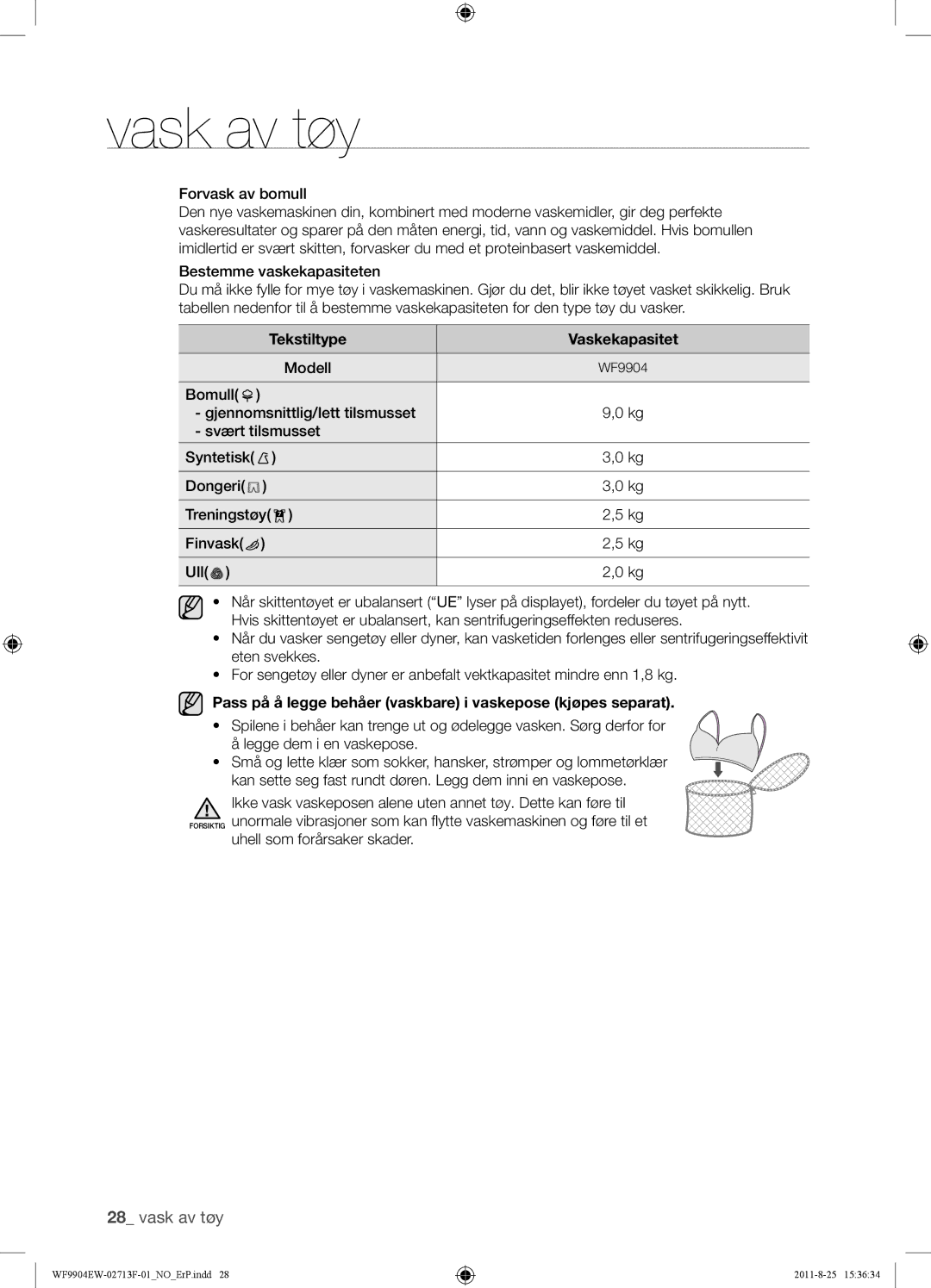 Samsung WF9904EWE/XEE manual Tekstiltype Vaskekapasitet, Modell, Pass på å legge behåer vaskbare i vaskepose kjøpes separat 