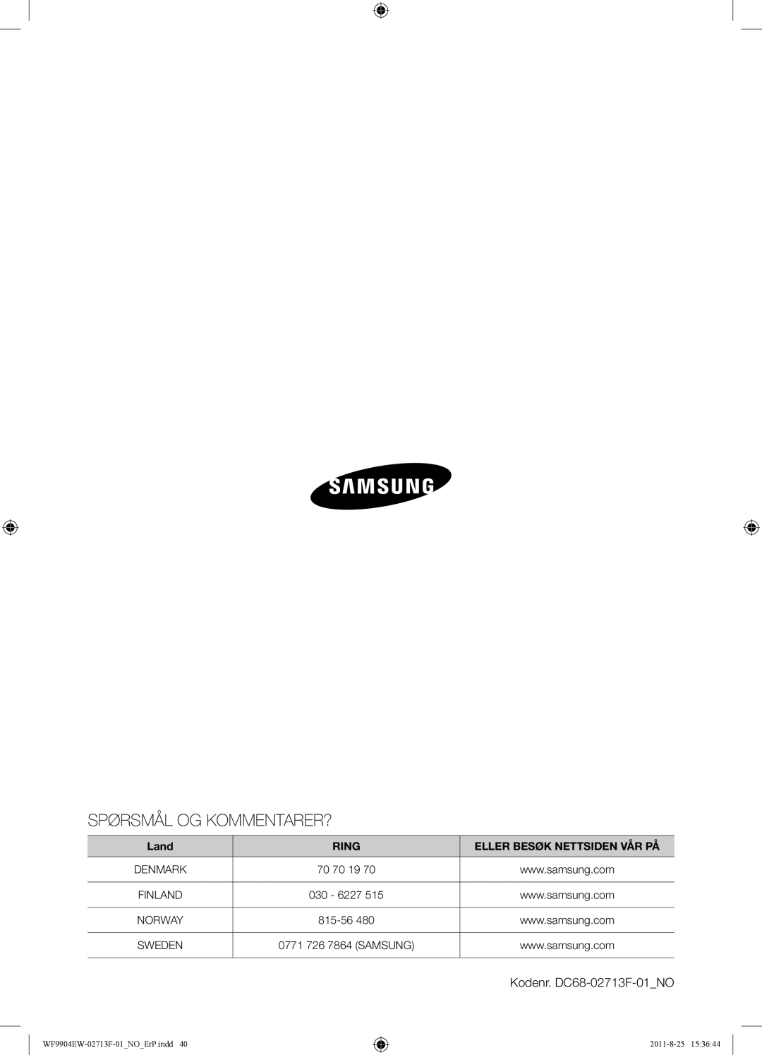 Samsung WF9904EWE/XEE manual Spørsmål OG KOMMENTARER?, Kodenr. DC68-02713F-01NO 