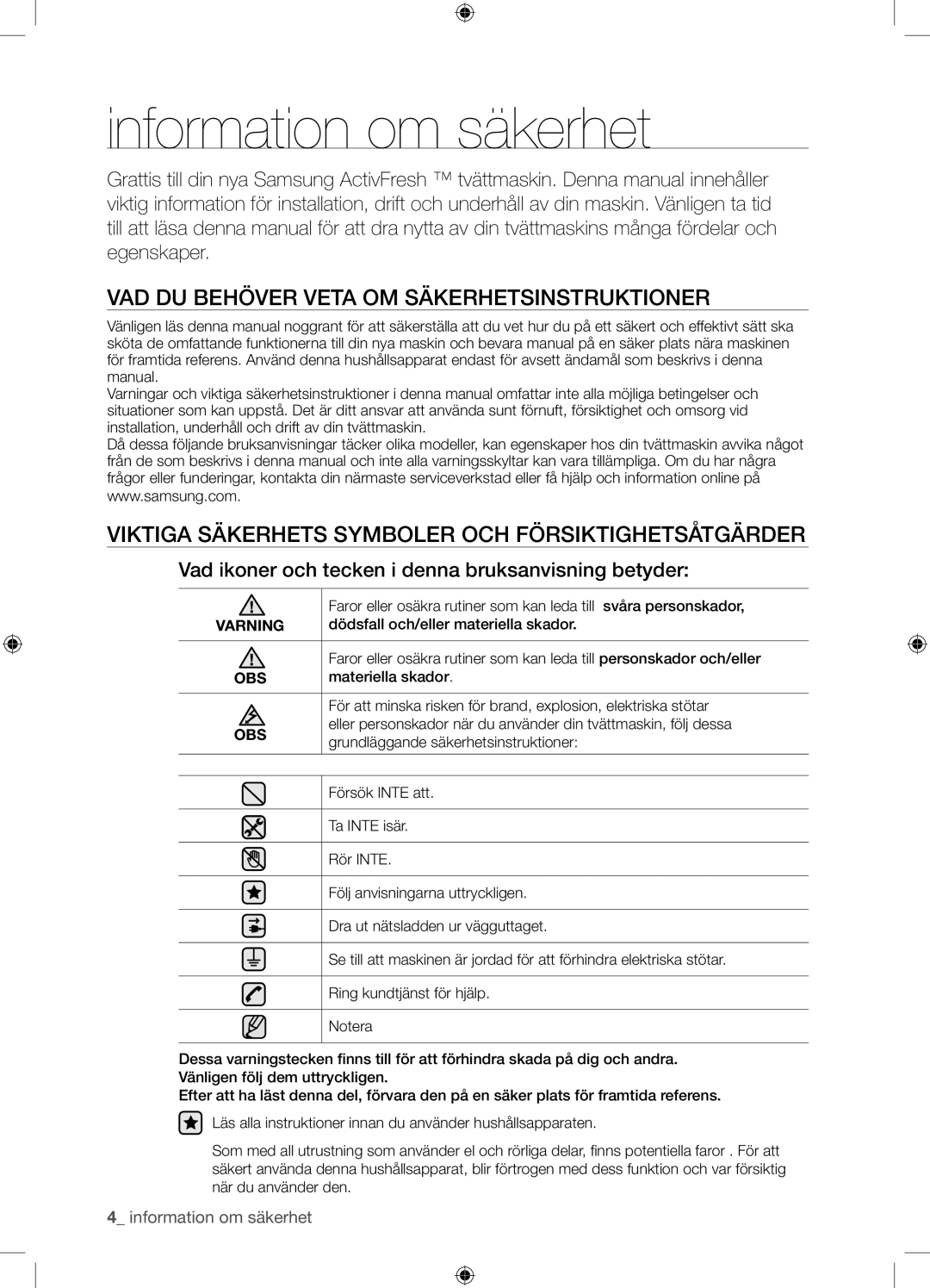 Samsung WF9904EWE/XEE manual Information om säkerhet, VAD DU Behöver Veta OM Säkerhetsinstruktioner 