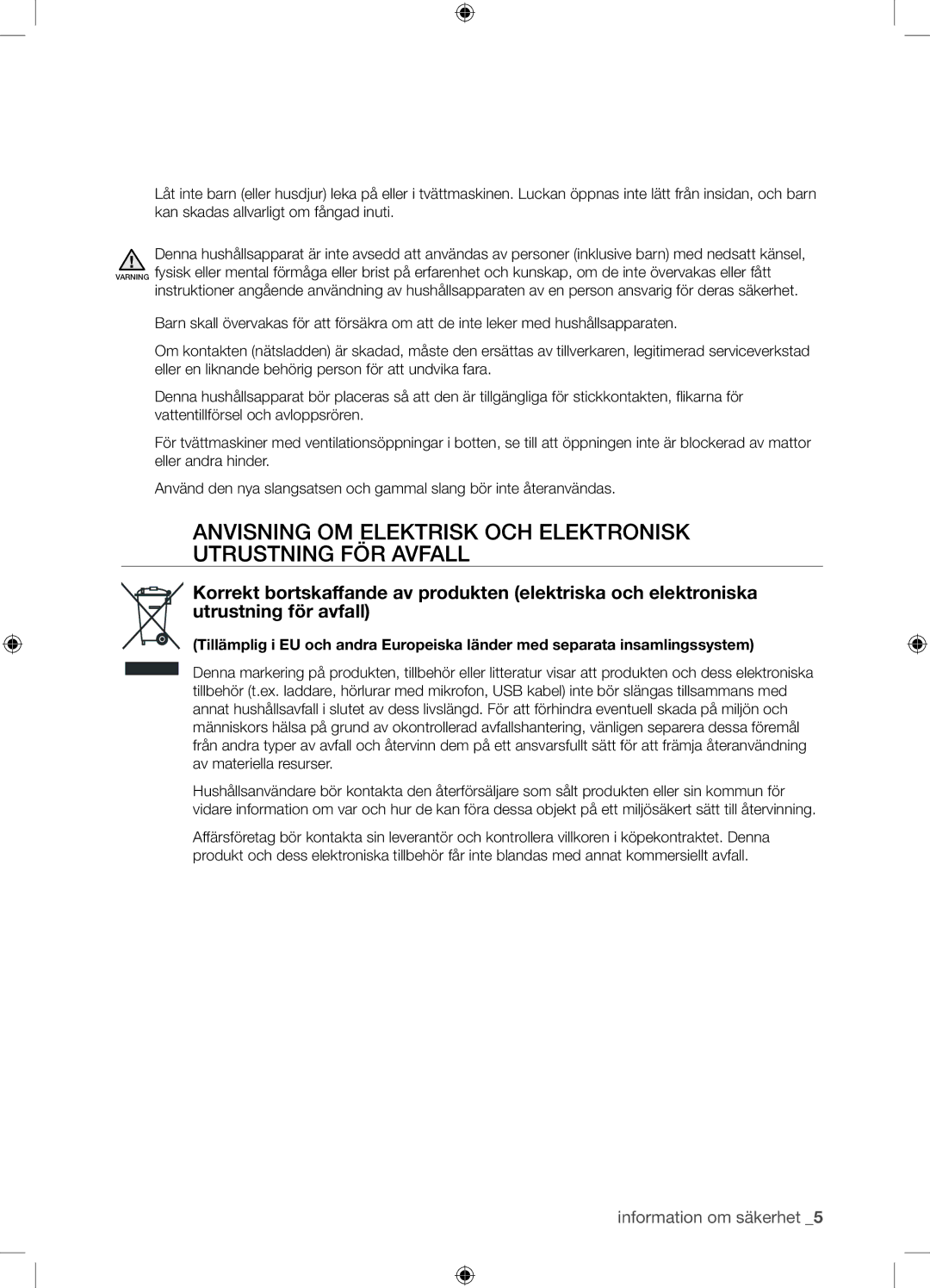 Samsung WF9904EWE/XEE manual Anvisning OM Elektrisk OCH Elektronisk Utrustning FÖR Avfall 