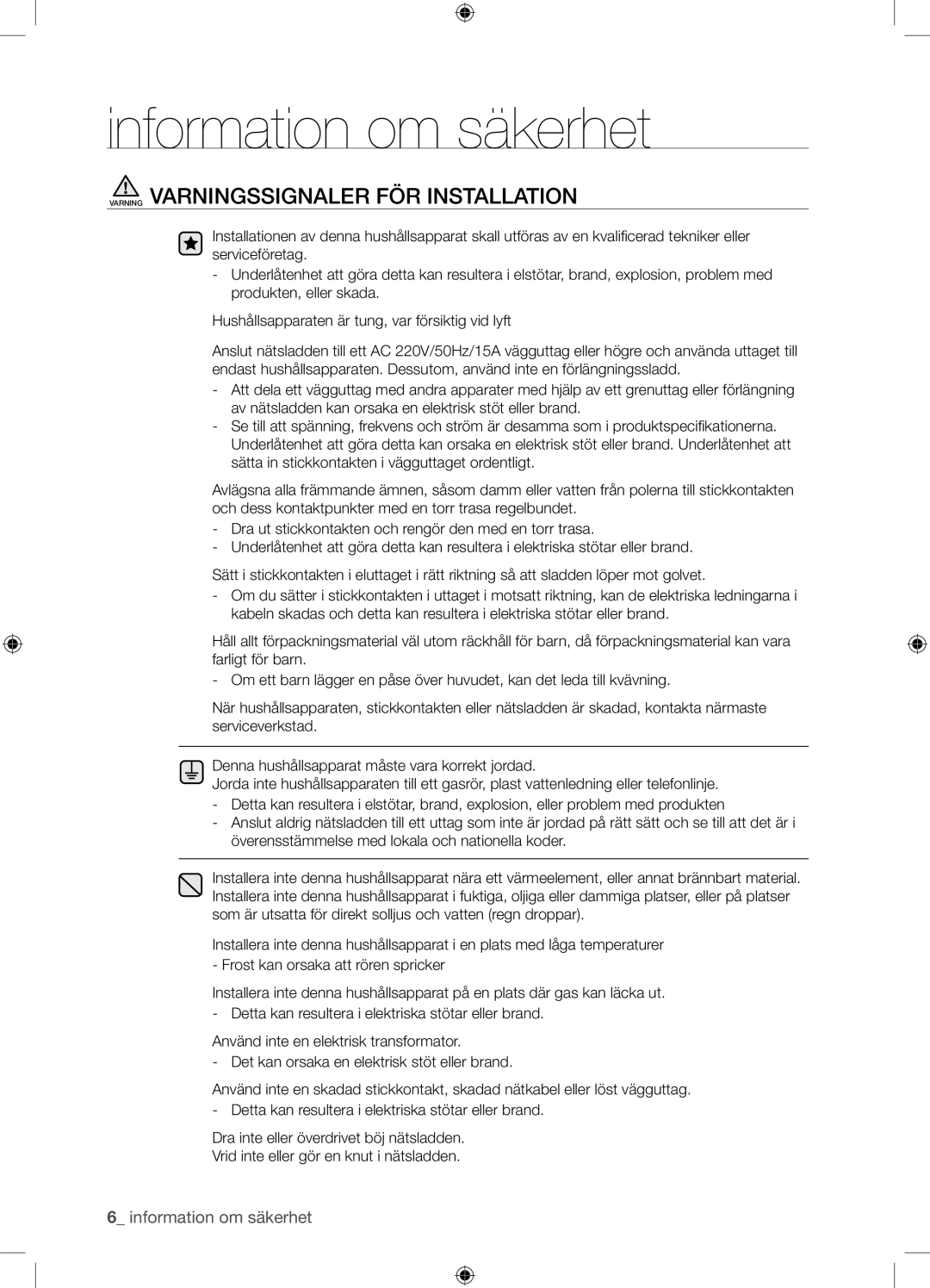 Samsung WF9904EWE/XEE manual Varning Varningssignaler FÖR Installation 