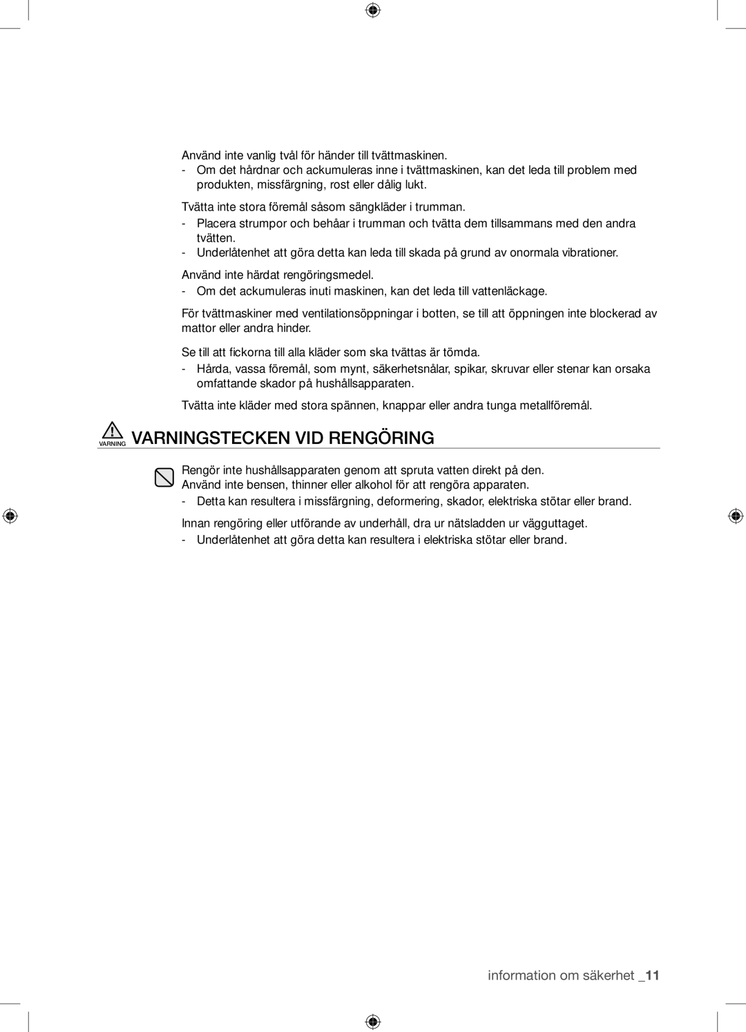 Samsung WF9904EWE/XEE manual Varning Varningstecken VID Rengöring 