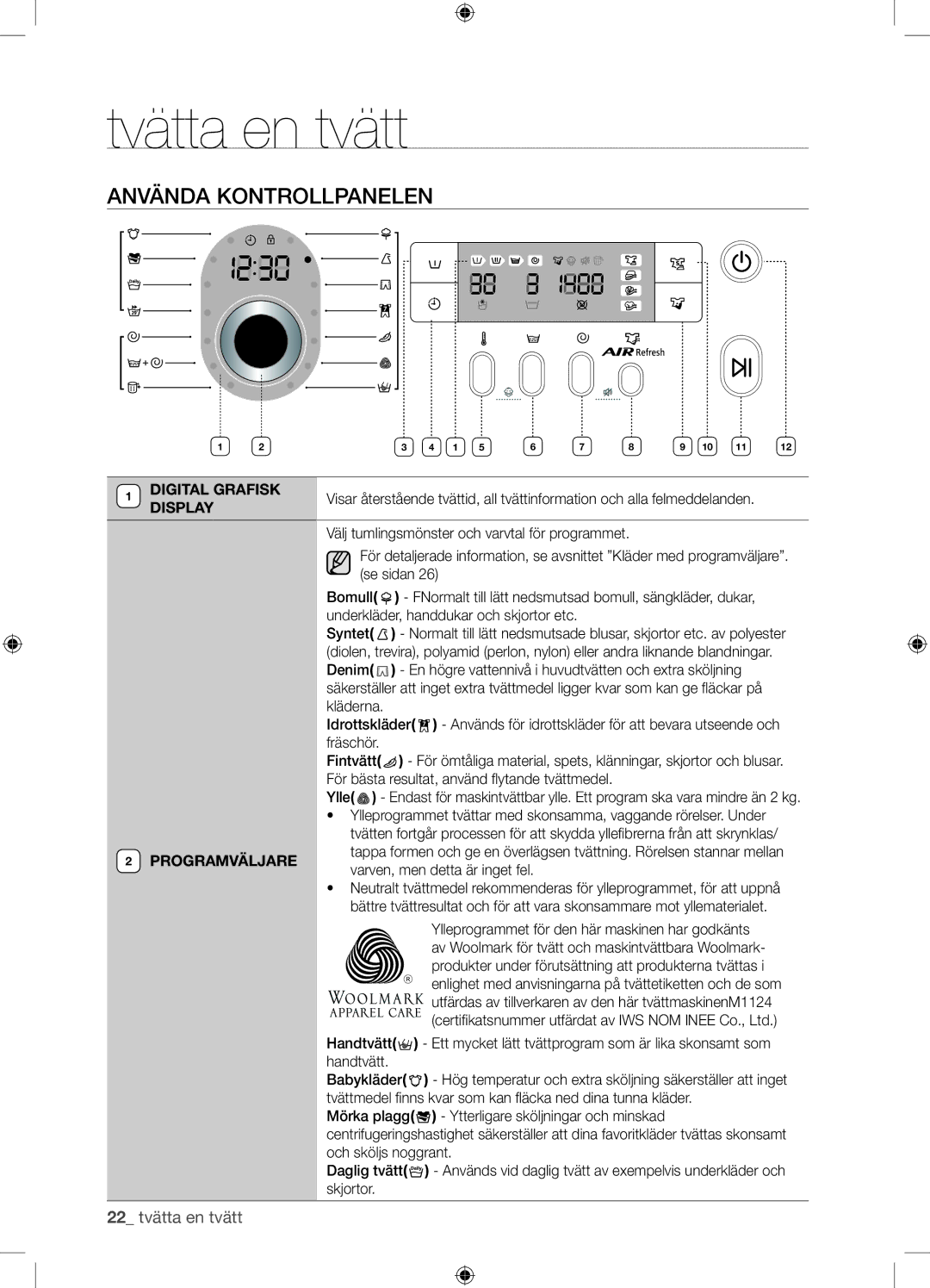 Samsung WF9904EWE/XEE Använda Kontrollpanelen, Digital Grafisk, Display, Programväljare, Varven, men detta är inget fel 