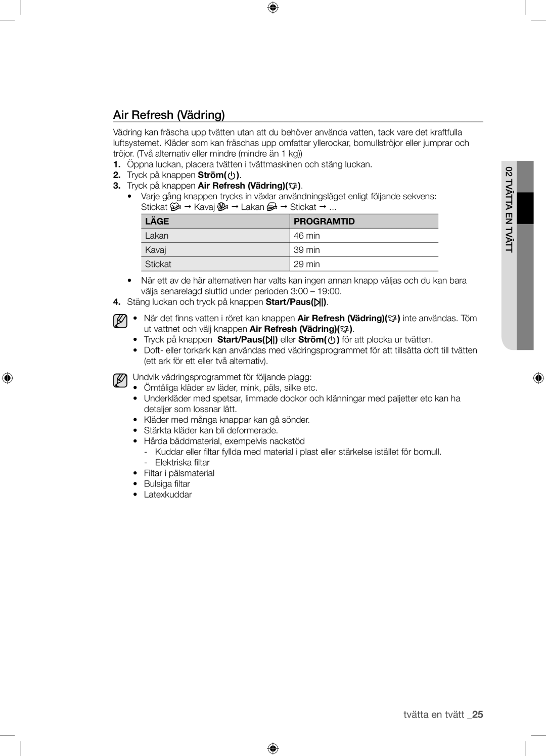 Samsung WF9904EWE/XEE manual Tryck på knappen Air Refresh Vädring, Läge Programtid 