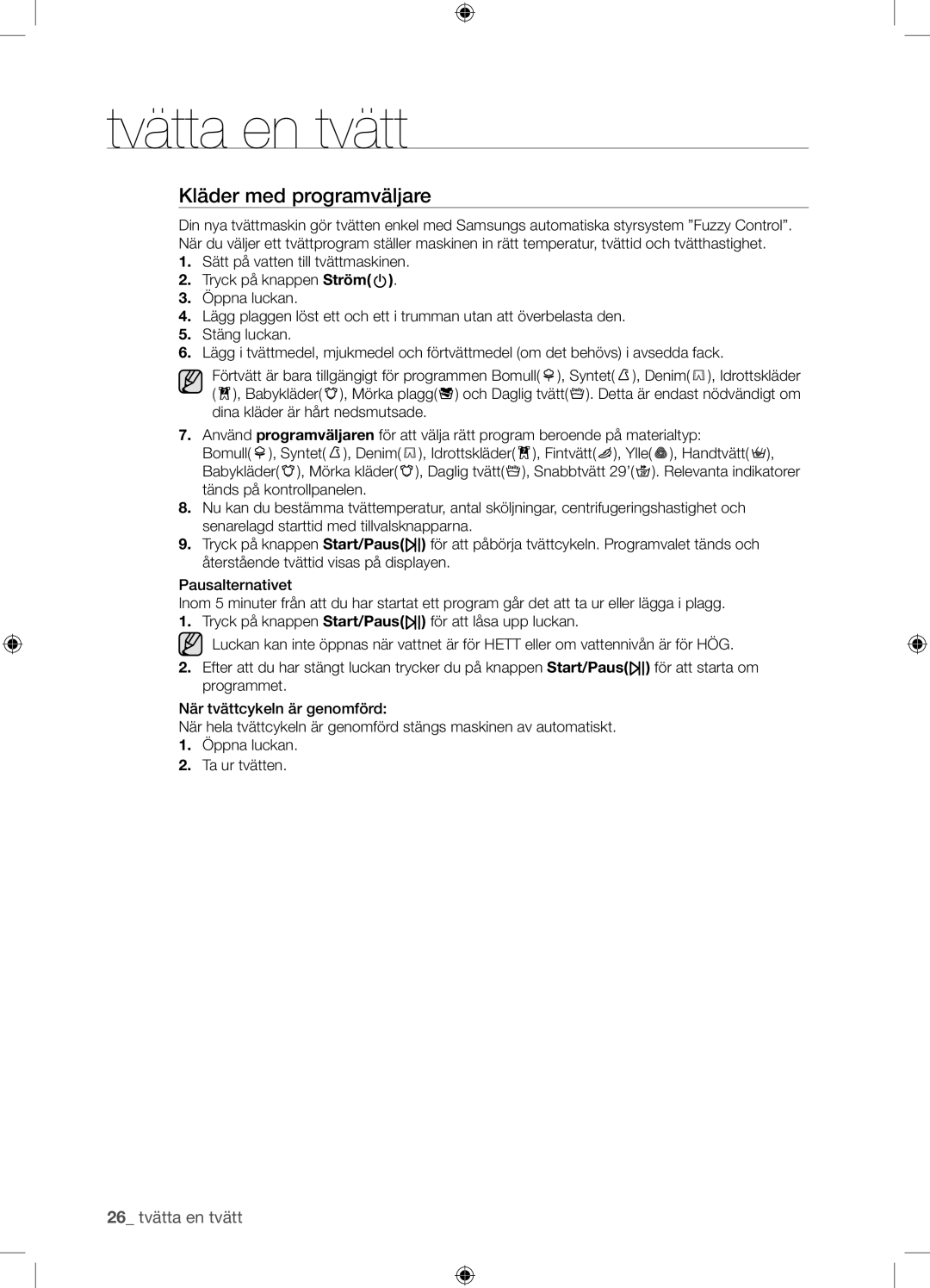 Samsung WF9904EWE/XEE manual Kläder med programväljare 