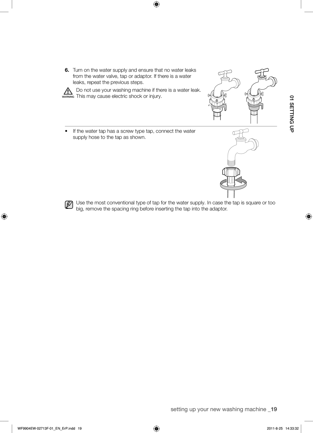 Samsung WF9904EWE/XEE manual Setting up your new washing machine 