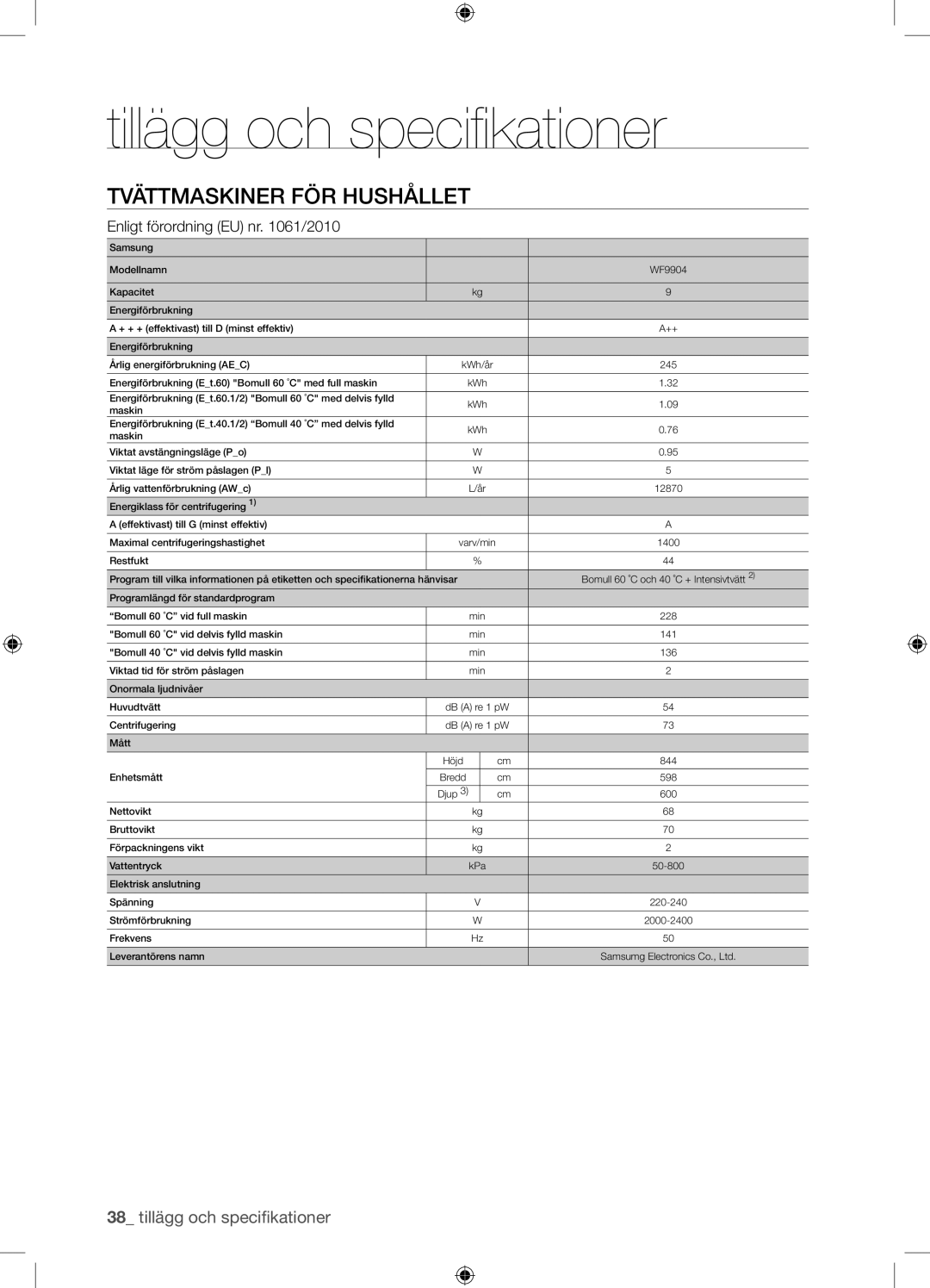 Samsung WF9904EWE/XEE manual Tvättmaskiner FÖR Hushållet, Enligt förordning EU nr /2010 