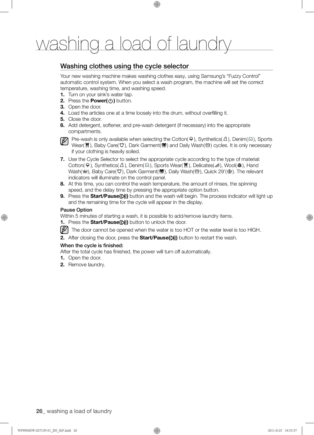 Samsung WF9904EWE/XEE manual Washing clothes using the cycle selector 