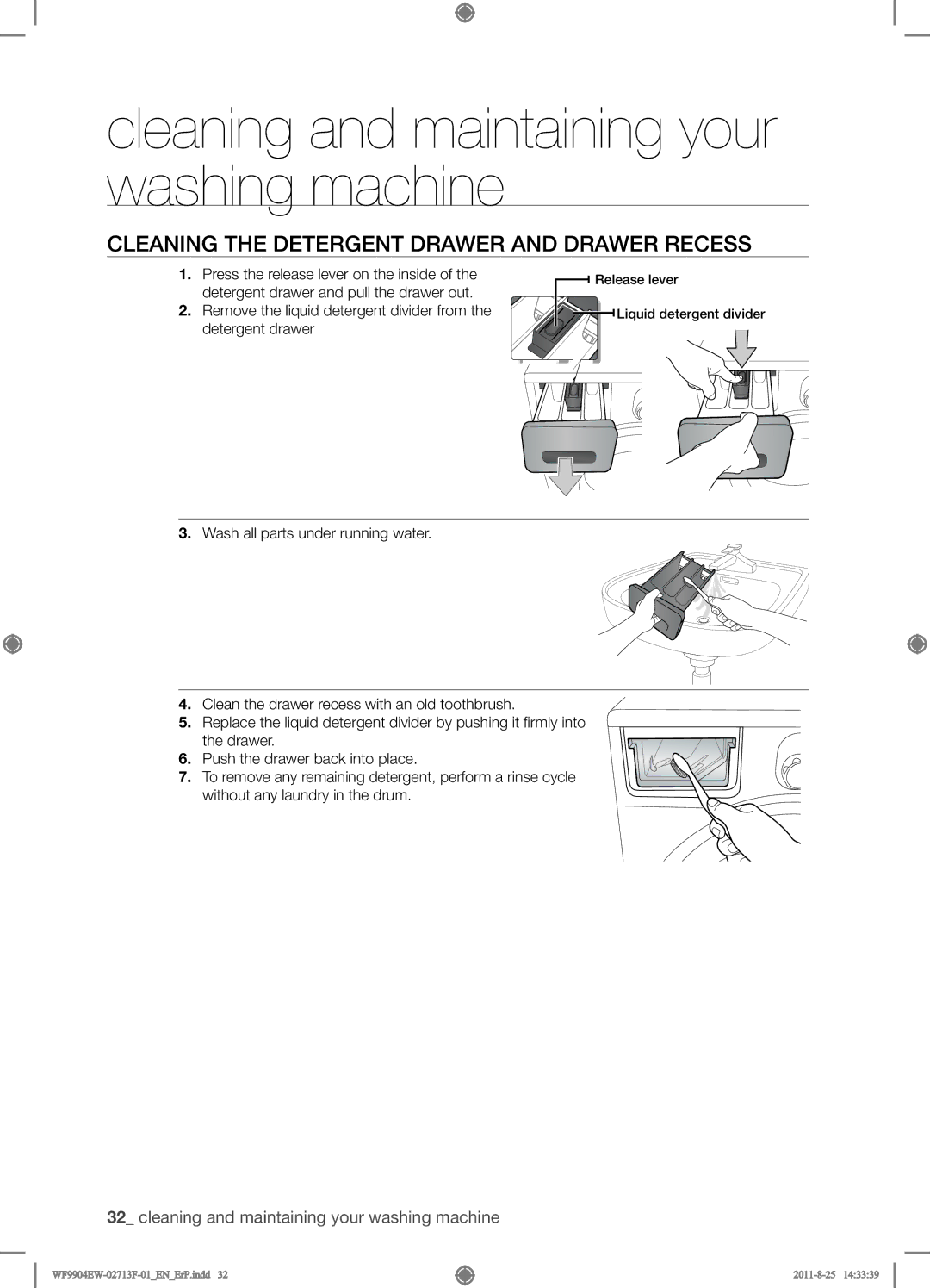 Samsung WF9904EWE/XEE manual Cleaning the Detergent Drawer and Drawer Recess 