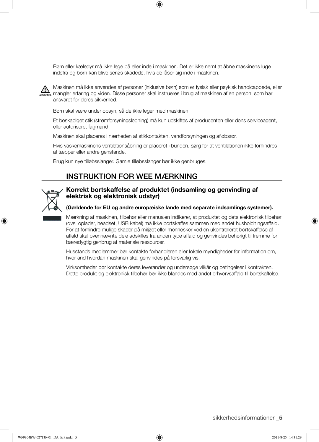 Samsung WF9904EWE/XEE manual Instruktion for WEE Mærkning 