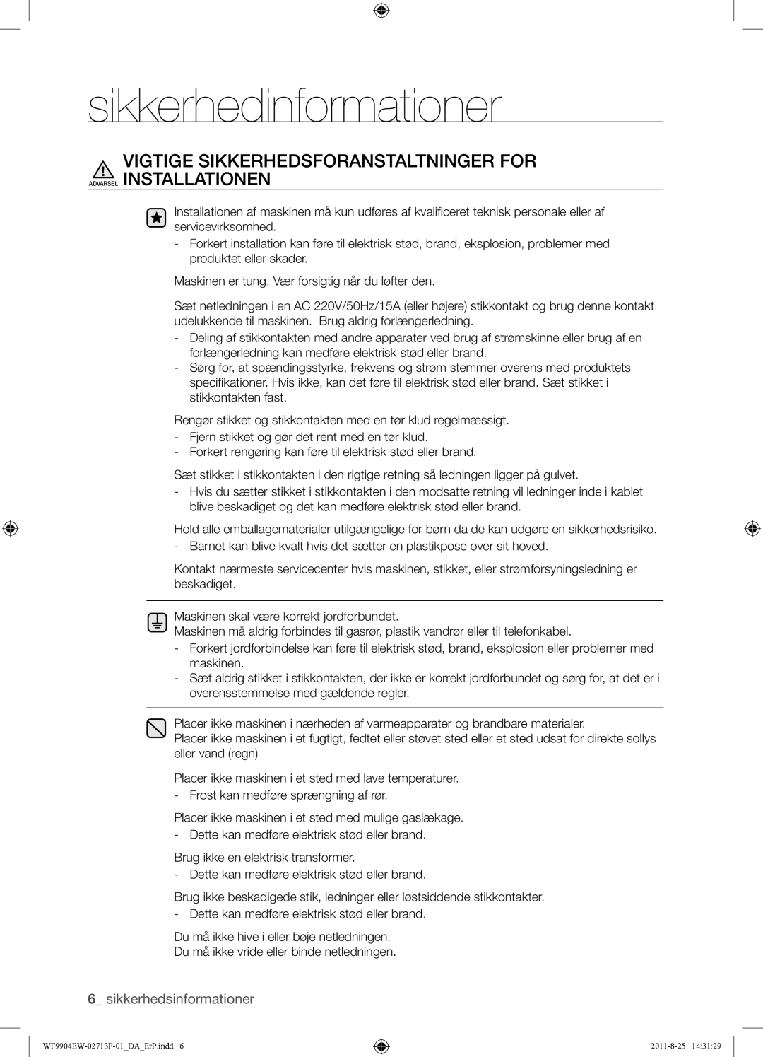 Samsung WF9904EWE/XEE manual Sikkerhedinformationer 