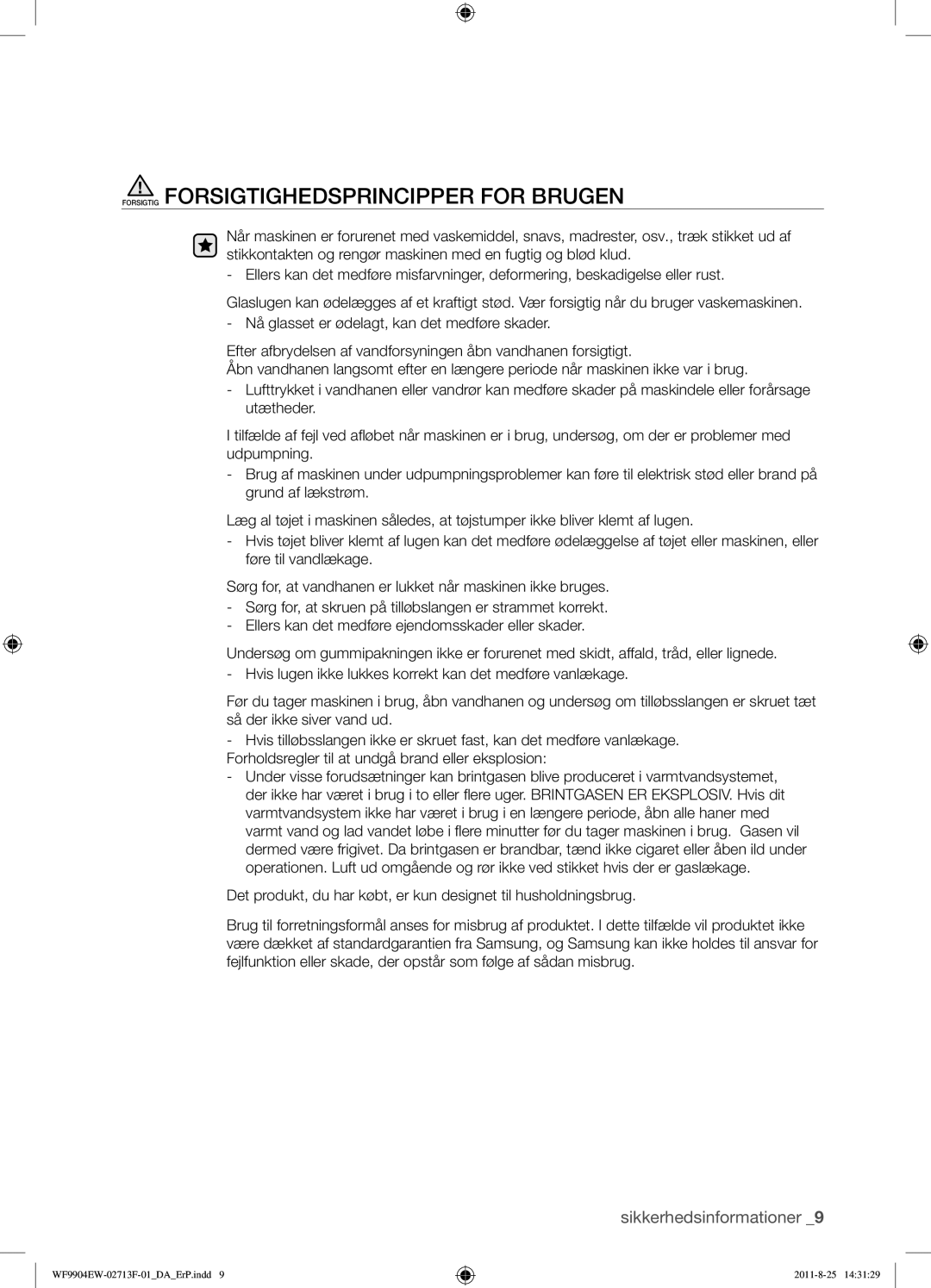 Samsung WF9904EWE/XEE manual Forsigtig Forsigtighedsprincipper for Brugen 