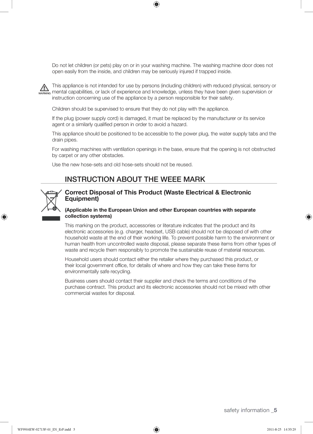 Samsung WF9904EWE/XEE manual Instruction about the Weee Mark 