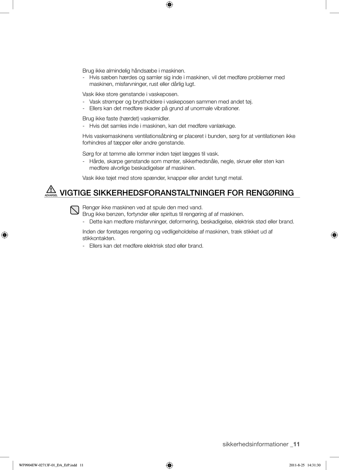 Samsung WF9904EWE/XEE manual Sikkerhedsinformationer 