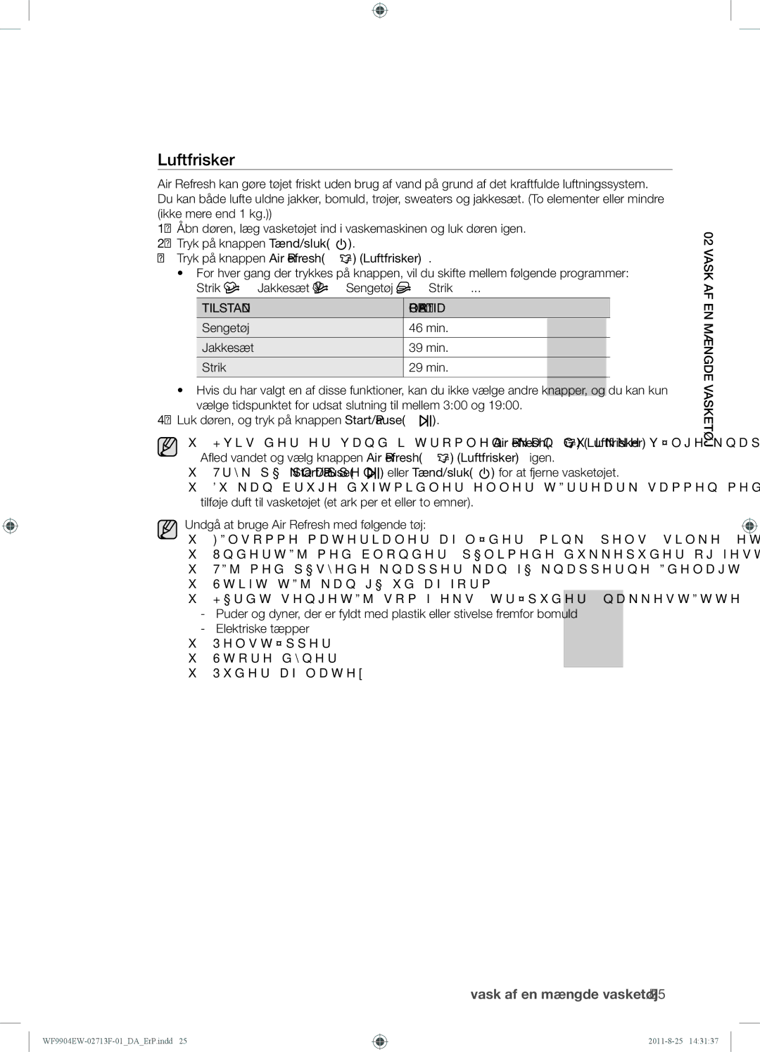 Samsung WF9904EWE/XEE manual Tryk på knappen Air Refresh Luftfrisker, Tilstand Programtid 