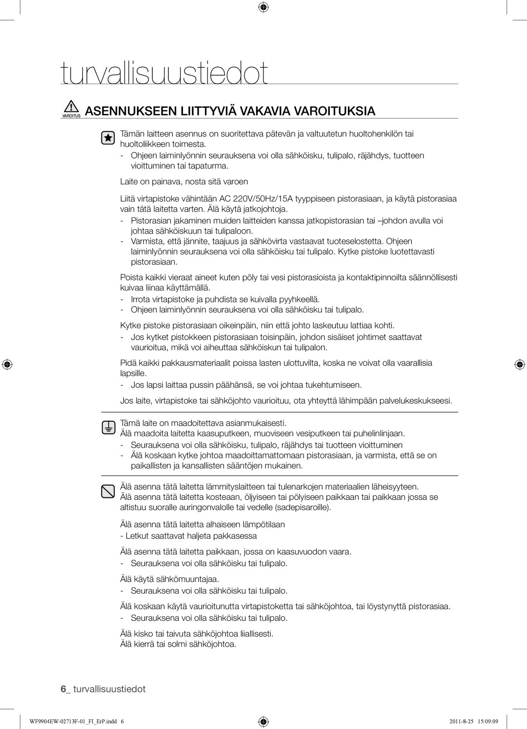 Samsung WF9904EWE/XEE manual Varoitus Asennukseen Liittyviä Vakavia Varoituksia 