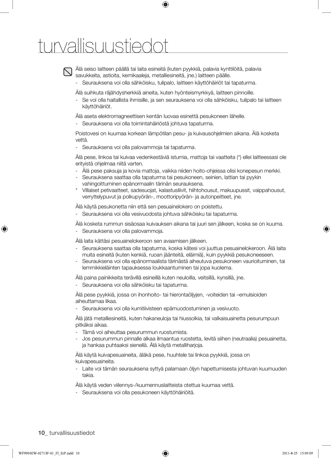 Samsung WF9904EWE/XEE manual Turvallisuustiedot 