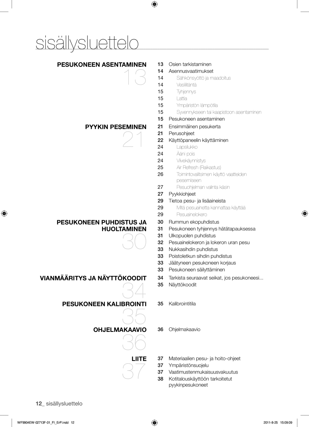 Samsung WF9904EWE/XEE manual Sisällysluettelo 