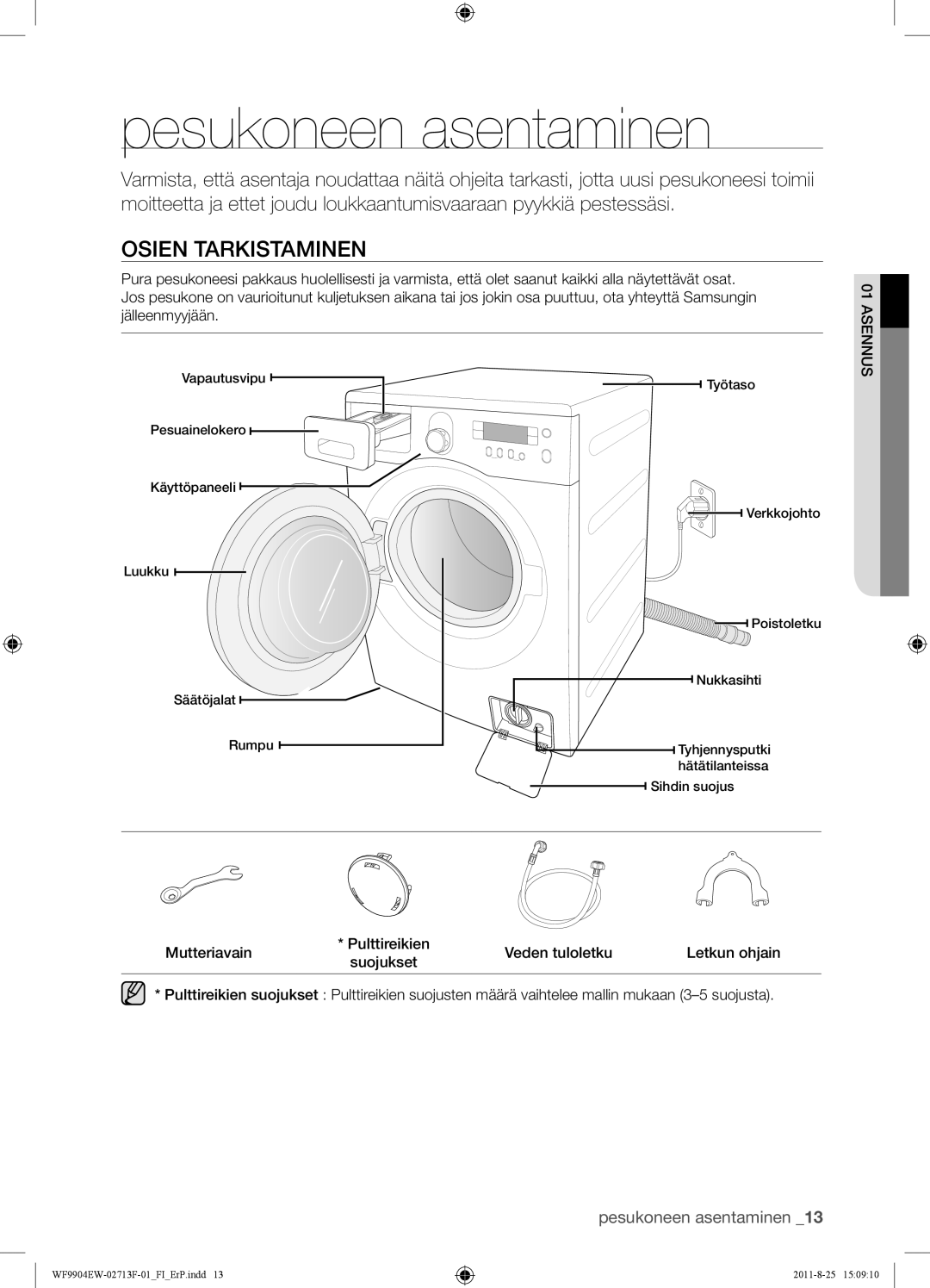 Samsung WF9904EWE/XEE manual Pesukoneen asentaminen, Osien Tarkistaminen 