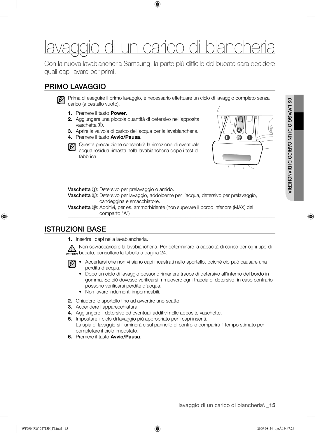 Samsung WF9904RWE/XET manual Primo Lavaggio, Istruzioni Base 