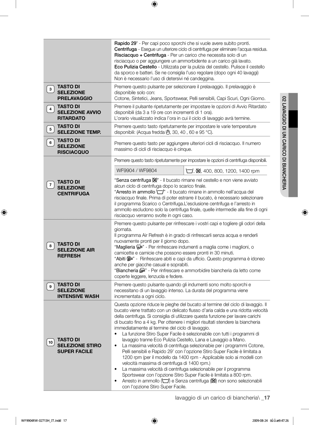 Samsung WF9904RWE/XET manual Tasto DI, Prelavaggio, Selezione Avvio, Ritardato, Selezione Temp, Risciacquo, Centrifuga 