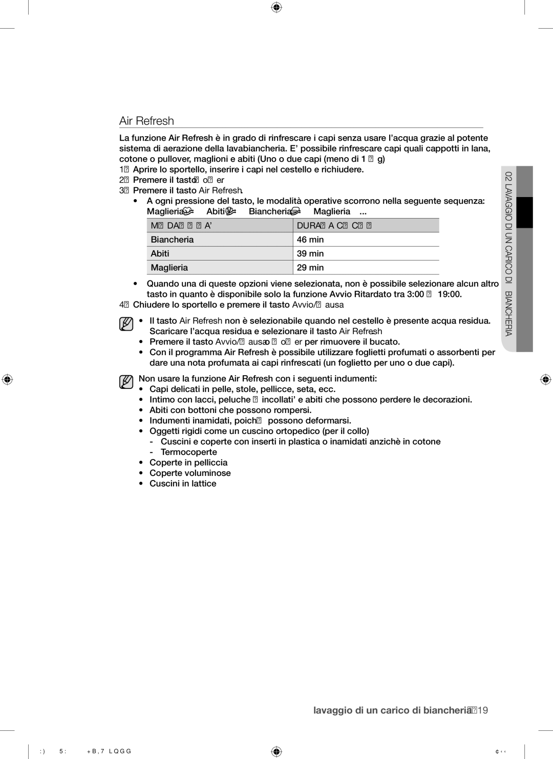 Samsung WF9904RWE/XET manual Air Refresh, MODALITA’ Durata Ciclo, Biancheria 46 min Abiti 39 min Maglieria 29 min 