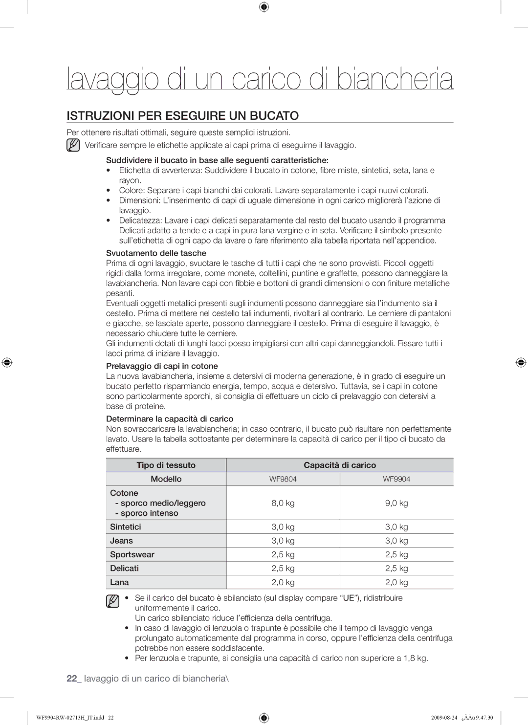 Samsung WF9904RWE/XET manual Istruzioni PER Eseguire UN Bucato, Modello 