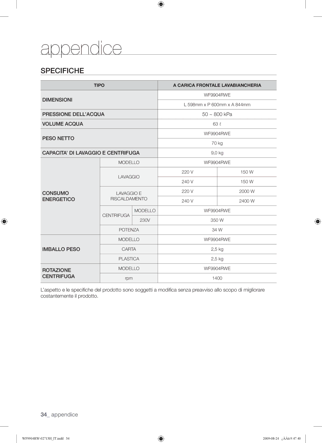 Samsung WF9904RWE/XET manual Specifiche, Centrifuga 