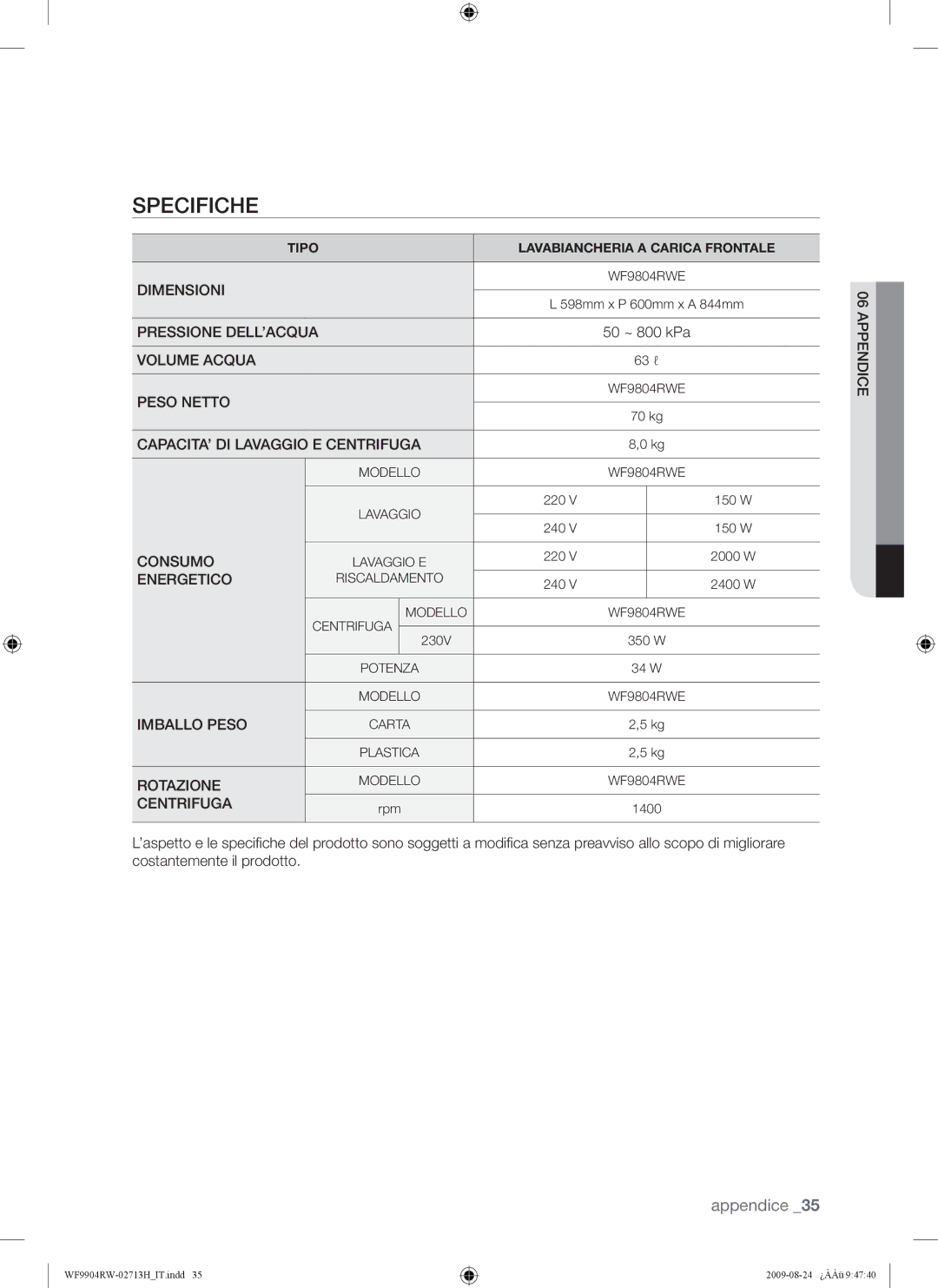 Samsung WF9904RWE/XET manual Tipo Lavabiancheria a Carica Frontale 