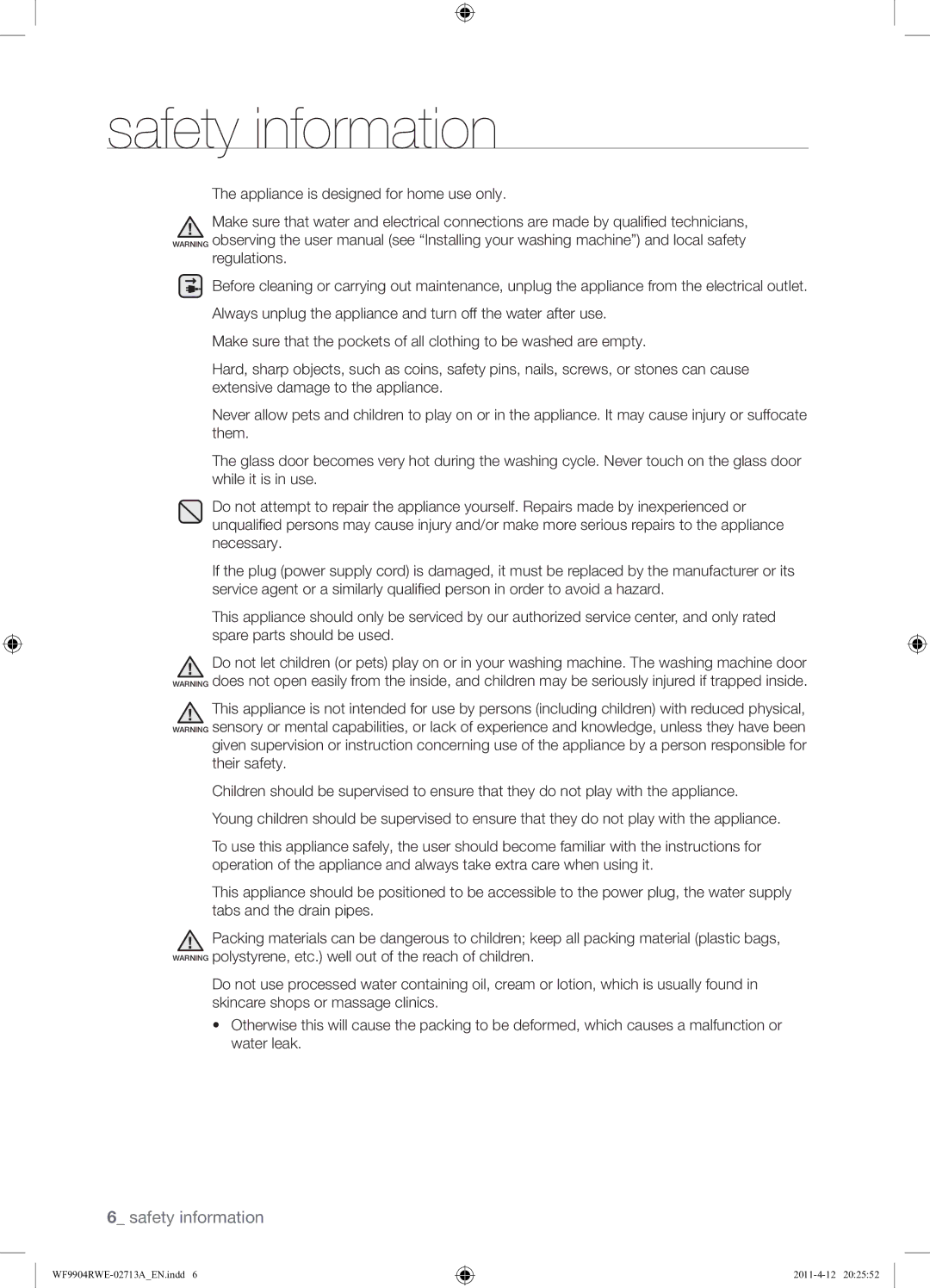 Samsung WF9904RWE/XEU, WF9904RWE1/XEU manual Their safety 