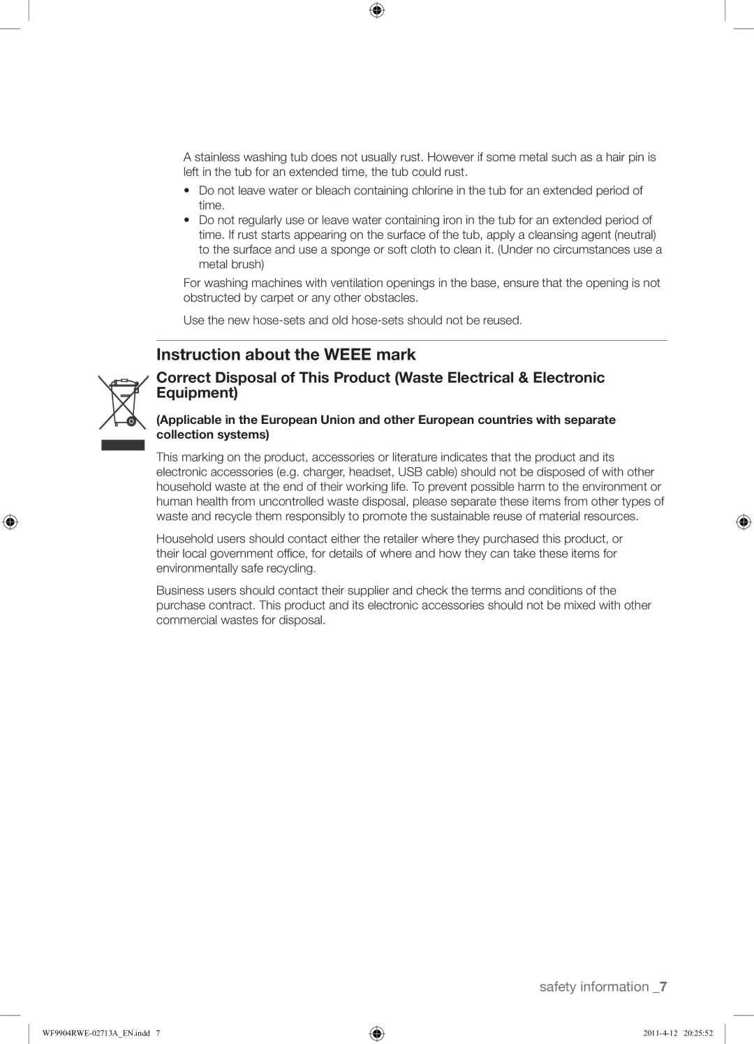 Samsung WF9904RWE1/XEU, WF9904RWE/XEU manual Instruction about the Weee mark 