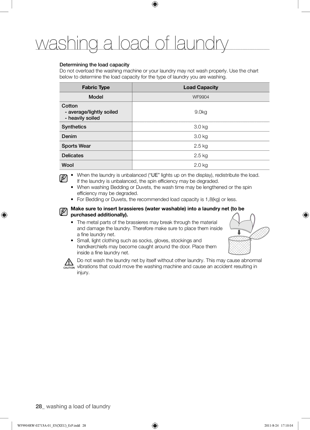 Samsung WF9904RWE/YAH, WF9904RWE/XEU, WF9904RWE1/YAH, WF9904RWE1/XEU manual Model, Fine laundry net 