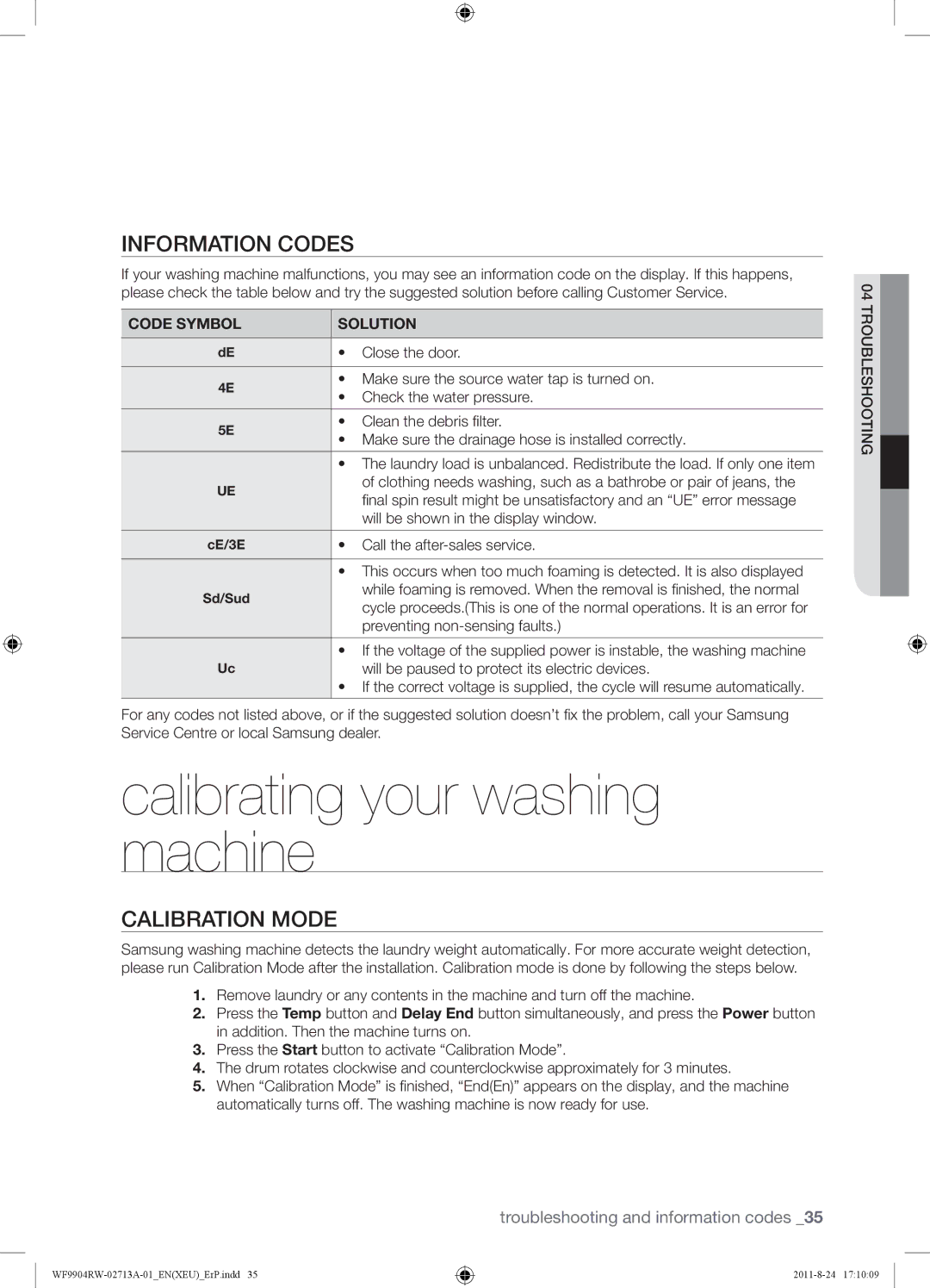 Samsung WF9904RWE1/XEU, WF9904RWE/YAH, WF9904RWE/XEU Calibrating your washing machine, Information Codes, Calibration Mode 