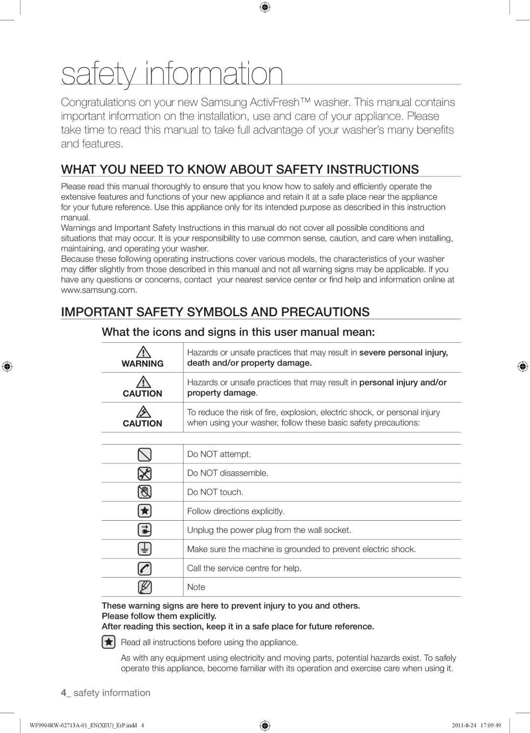 Samsung WF9904RWE/YAH, WF9904RWE/XEU, WF9904RWE1/YAH, WF9904RWE1/XEU manual Safety information 