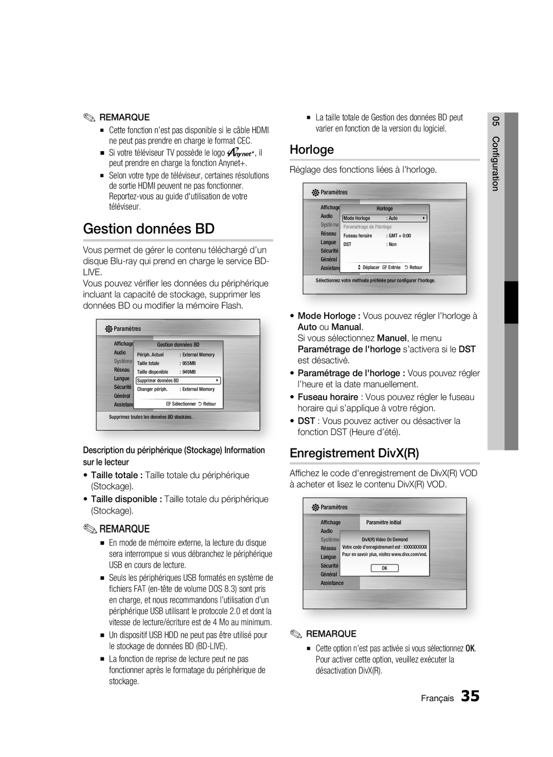 Samsung BD-C5500T/XAC, WIS09ABGN user manual Horloge, Enregistrement DivXR, Réglage des fonctions liées à l’horloge 