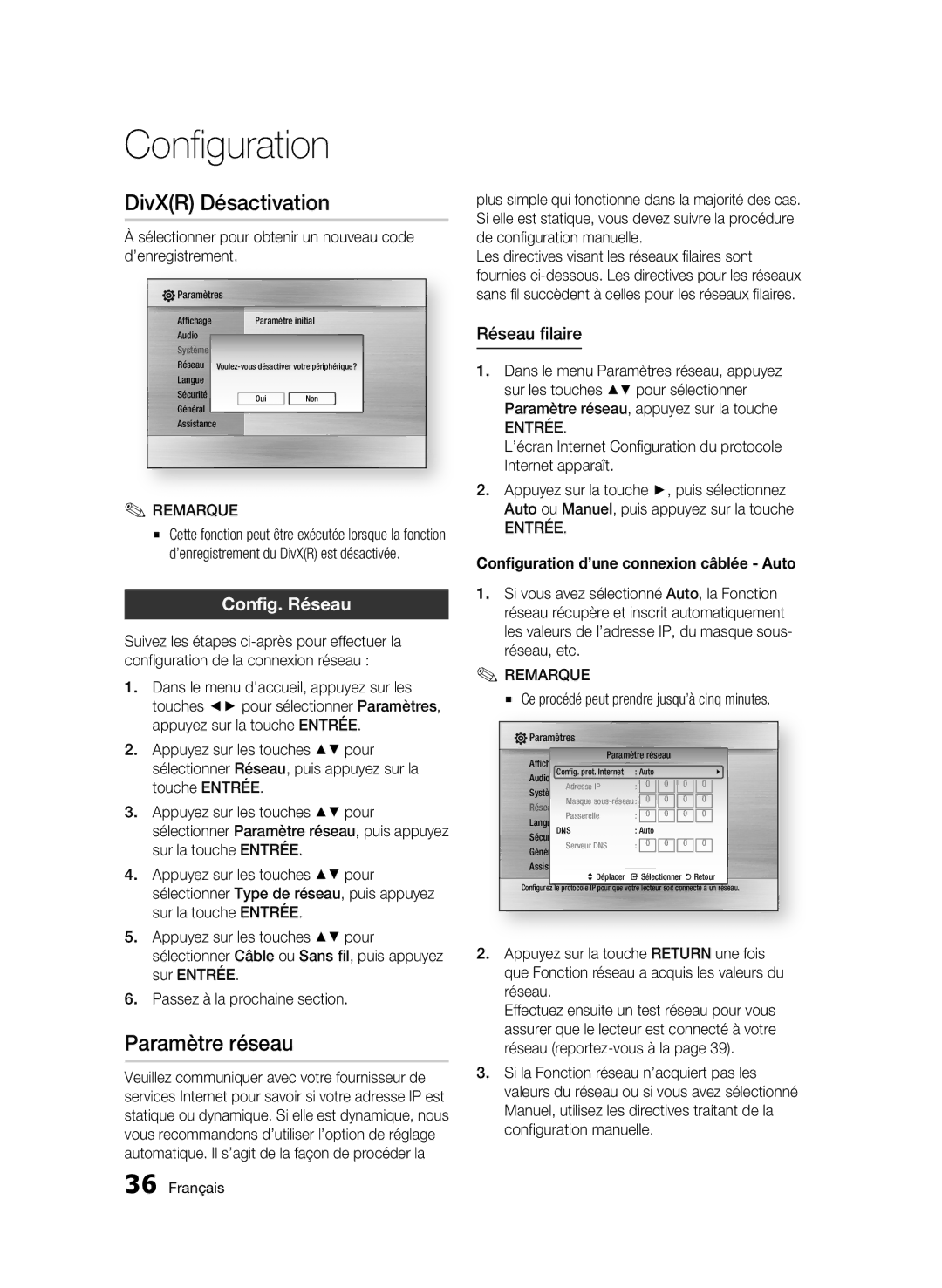 Samsung WIS09ABGN, BD-C5500T/XAC user manual DivXR Désactivation, Paramètre réseau, Config. Réseau, Réseau filaire 