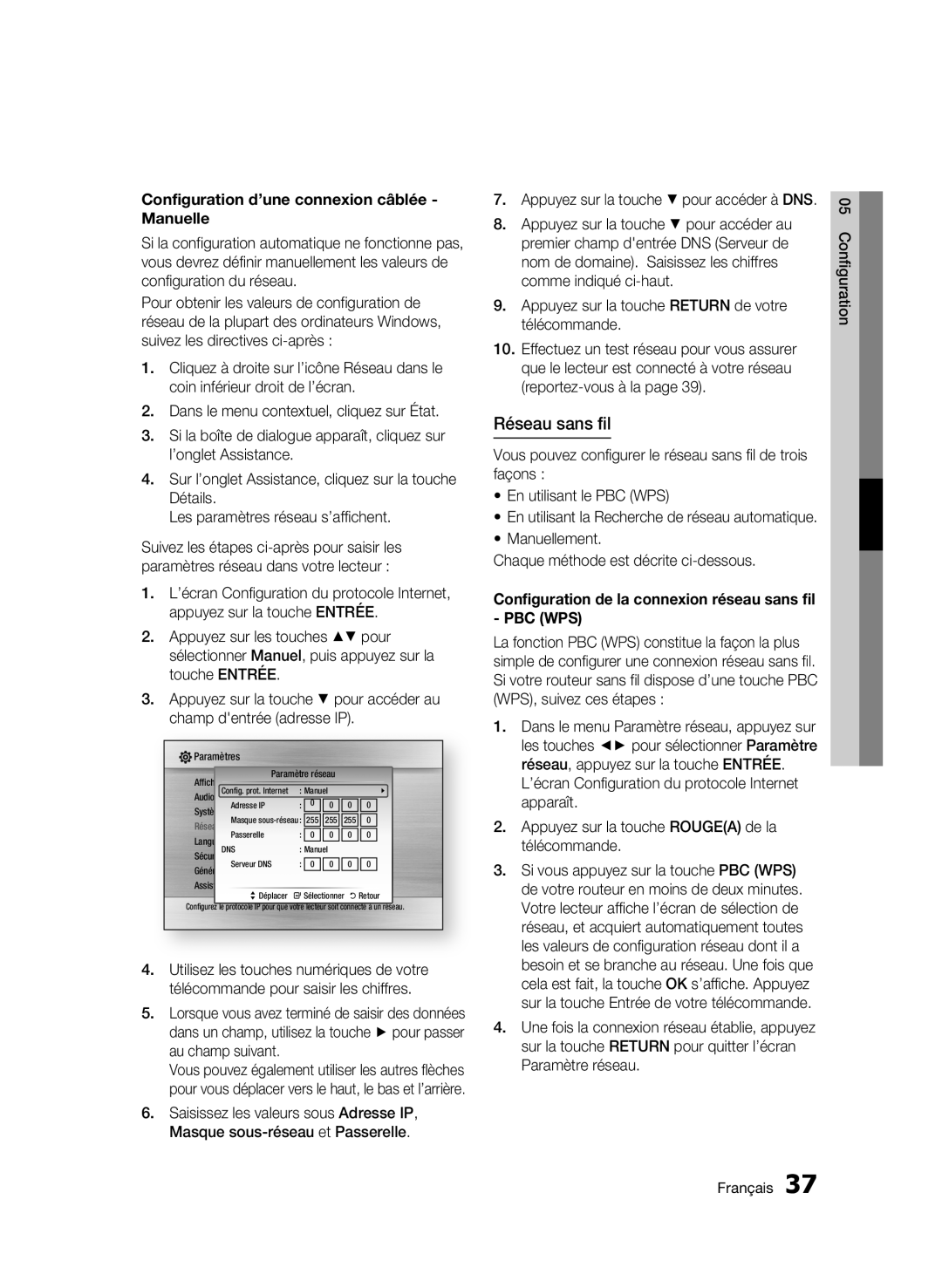 Samsung WIS09ABGN, BD-C5500T/XAC user manual Réseau sans fil, Configuration d’une connexion câblée Manuelle 