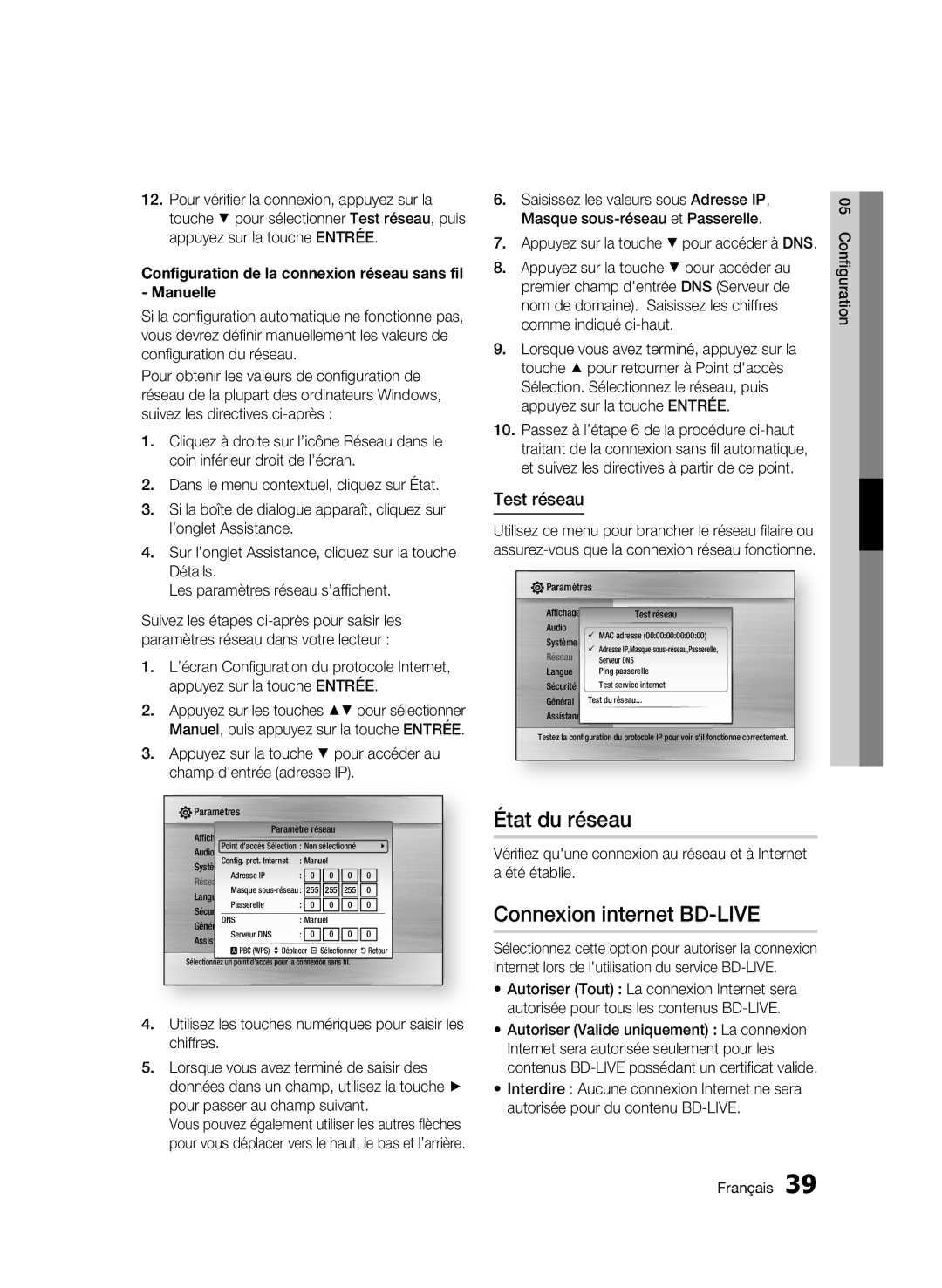 Samsung BD-C5500T/XAC, WIS09ABGN user manual État du réseau, Connexion internet BD-LIVE, Test réseau 