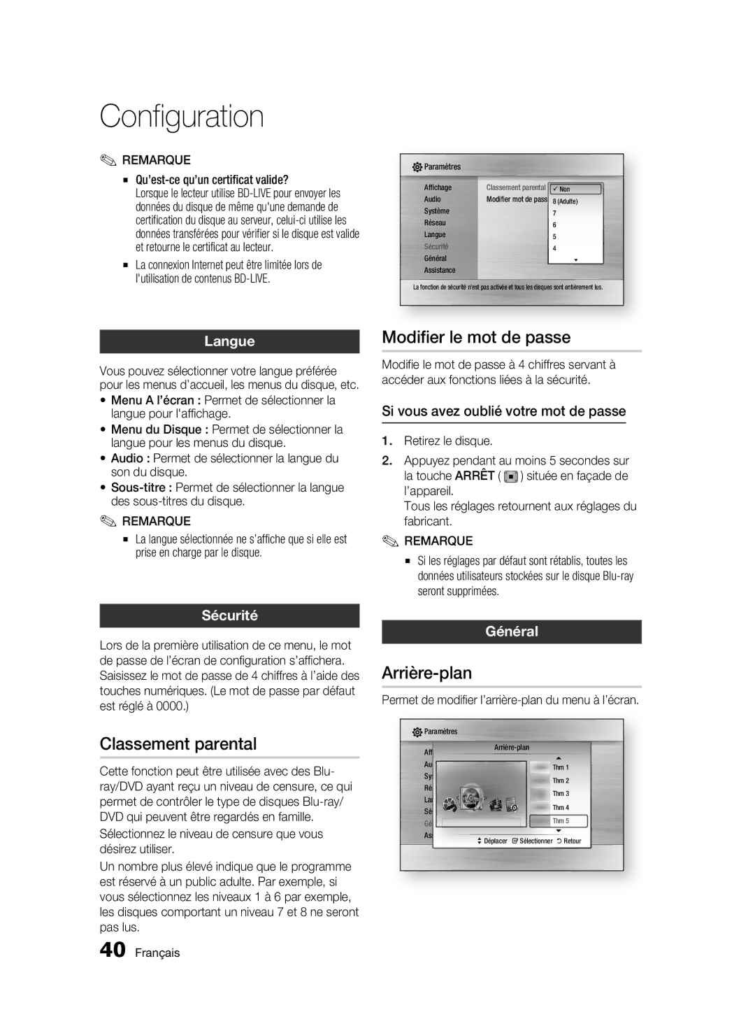 Samsung WIS09ABGN, BD-C5500T/XAC user manual Modifier le mot de passe, Classement parental, Arrière-plan 