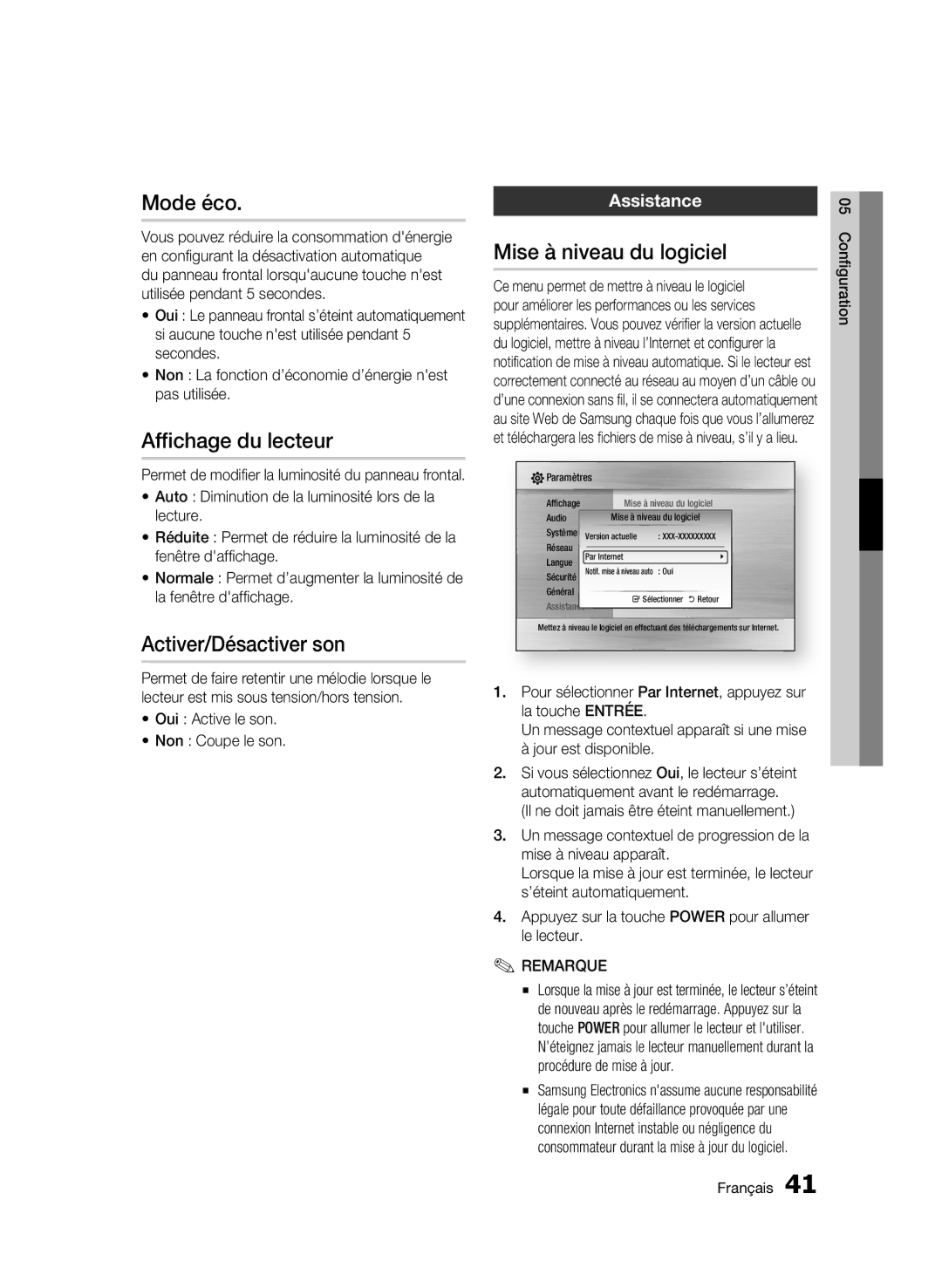 Samsung WIS09ABGN, BD-C5500 Mode éco, Affichage du lecteur, Activer/Désactiver son, Mise à niveau du logiciel, Assistance 