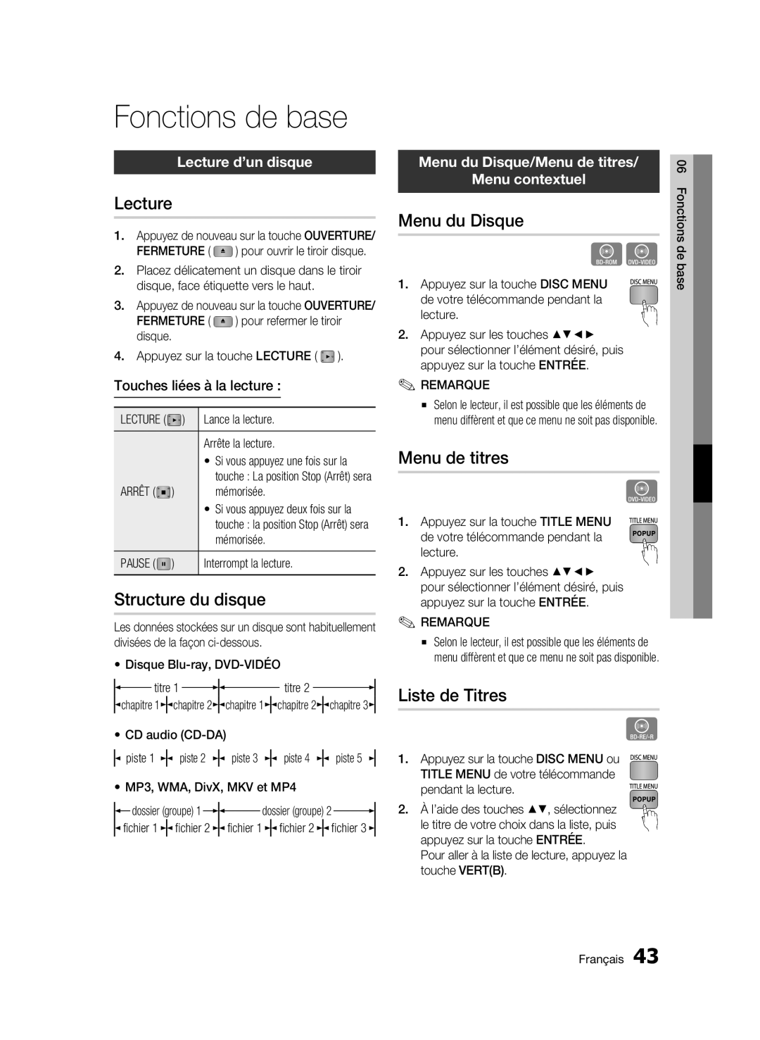 Samsung BD-C5500T/XAC, WIS09ABGN user manual Fonctions de base 