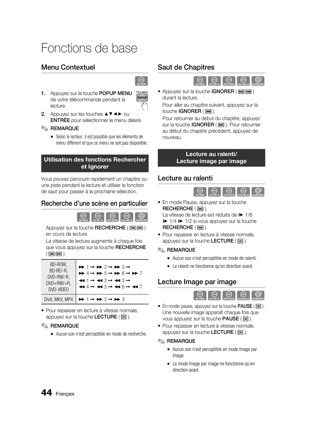 Samsung WIS09ABGN, BD-C5500T/XAC Menu Contextuel, Saut de Chapitres, Lecture au ralenti, Lecture Image par image 