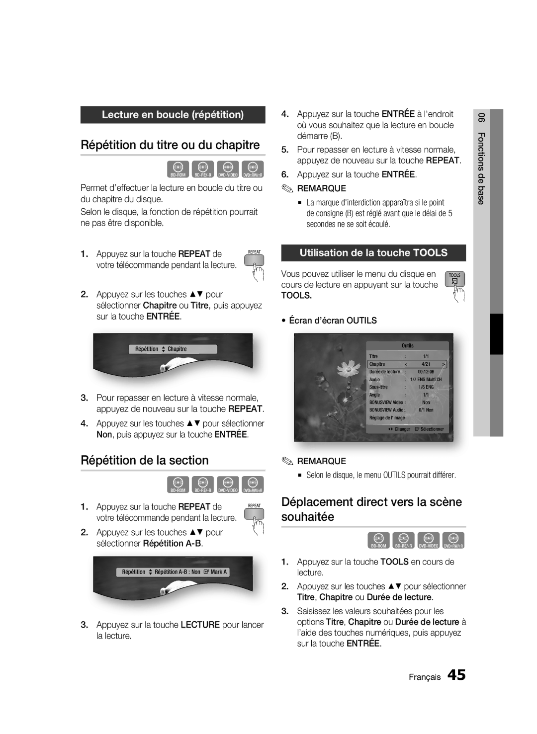 Samsung WIS09ABGN Répétition du titre ou du chapitre, Répétition de la section, Déplacement direct vers la scène souhaitée 