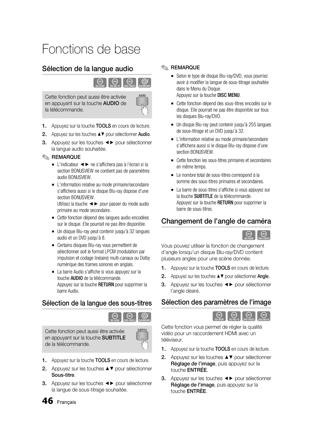 Samsung BD-C5500 Sélection de la langue audio, Changement de l’angle de caméra, Sélection des paramètres de l’image 