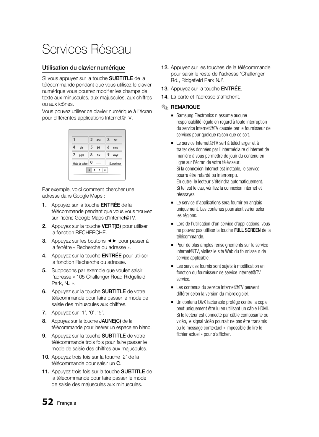 Samsung WIS09ABGN, BD-C5500T/XAC user manual Utilisation du clavier numérique, Appuyez sur ‘1’, ‘0’, ‘5’ 