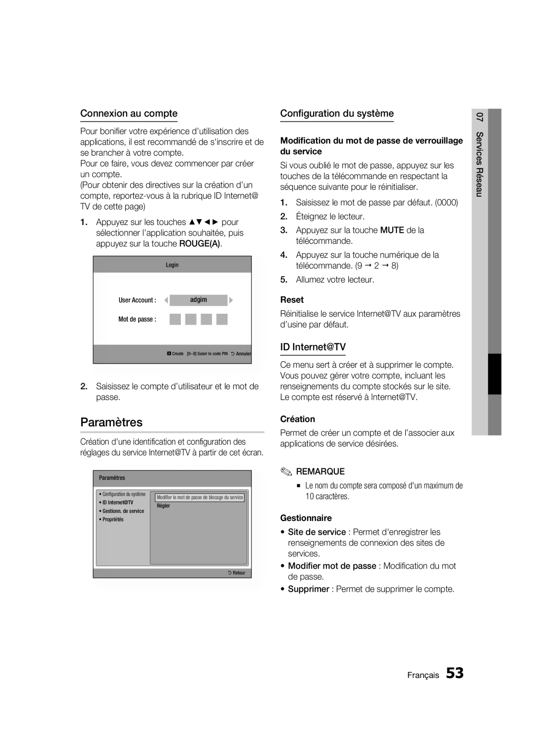 Samsung WIS09ABGN, BD-C5500T/XAC user manual Paramètres, Connexion au compte, Configuration du système, ID Internet@TV 