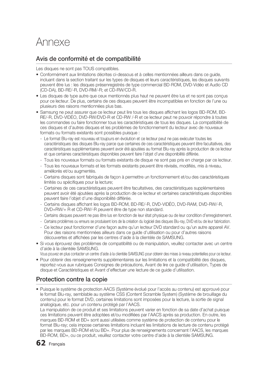 Samsung WIS09ABGN, BD-C5500T/XAC user manual Avis de conformité et de compatibilité, Protection contre la copie 