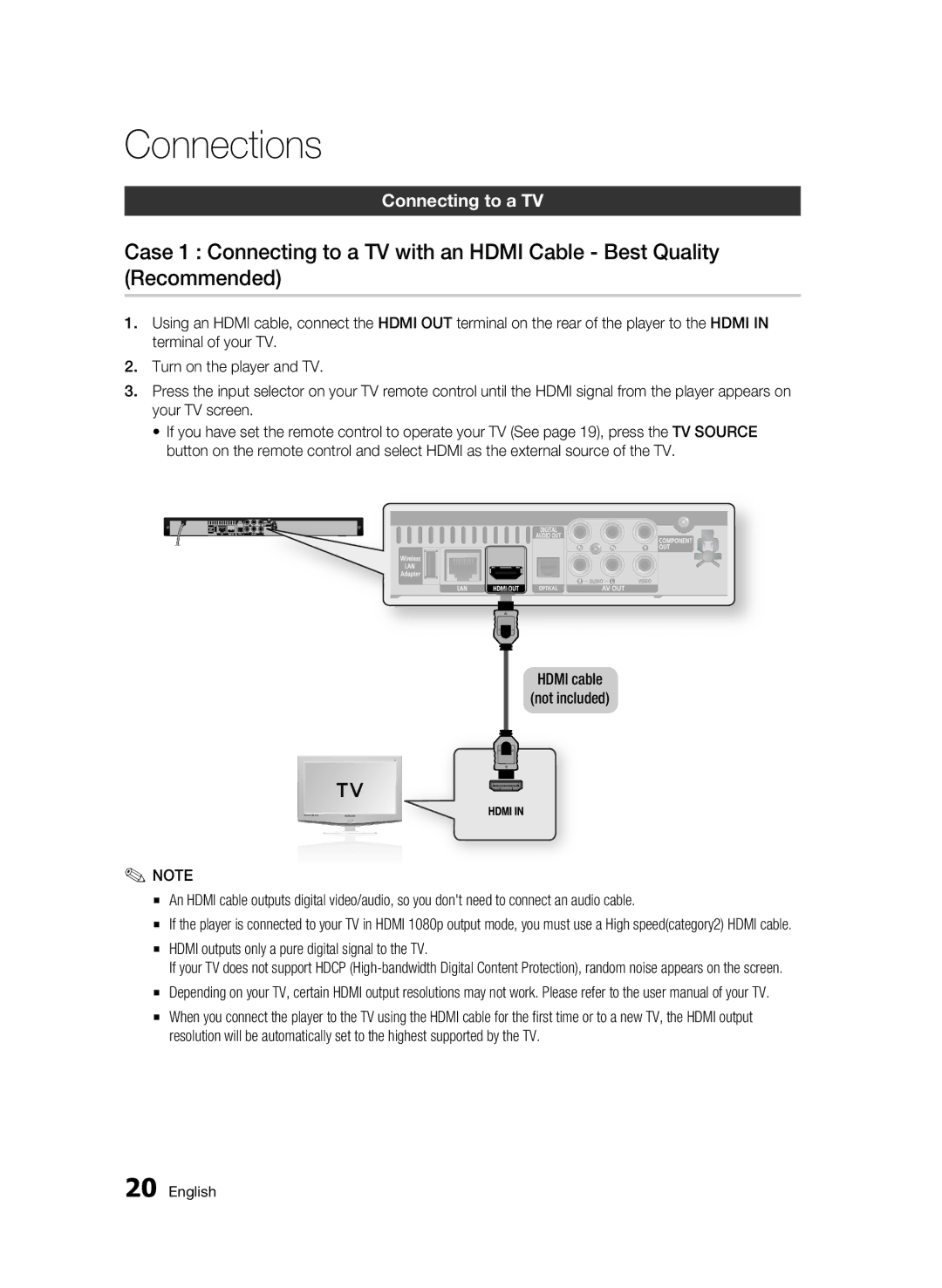 Samsung WIS09ABGN, BD-C5500T Connections, Connecting to a TV, Hdmi outputs only a pure digital signal to the TV 